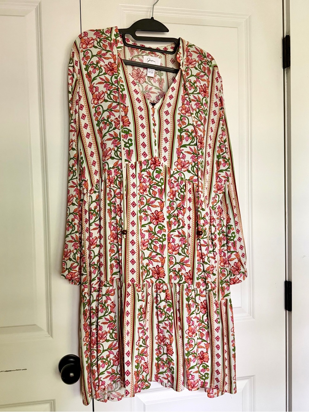 Pink Floral Block Print Boho Mini Dress Long Sleeve Tassel Tie Size L